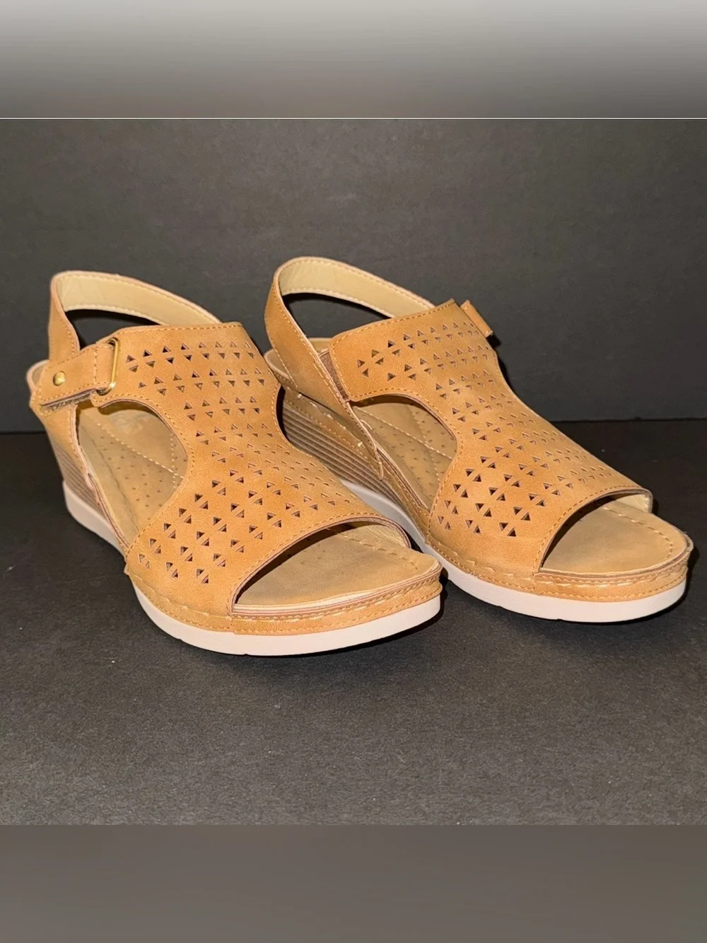 Caramel Tan Faux Nubuck Perforated Detail Comfort Wedge Sandals, Sz 8